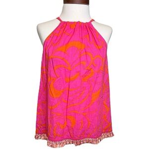 Trina Turk Sleeveless Halter Tie Blouse Fringe Trim Hem Size S